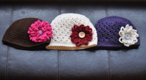 Crocheted hats.  Infant to Ladies sizes available.